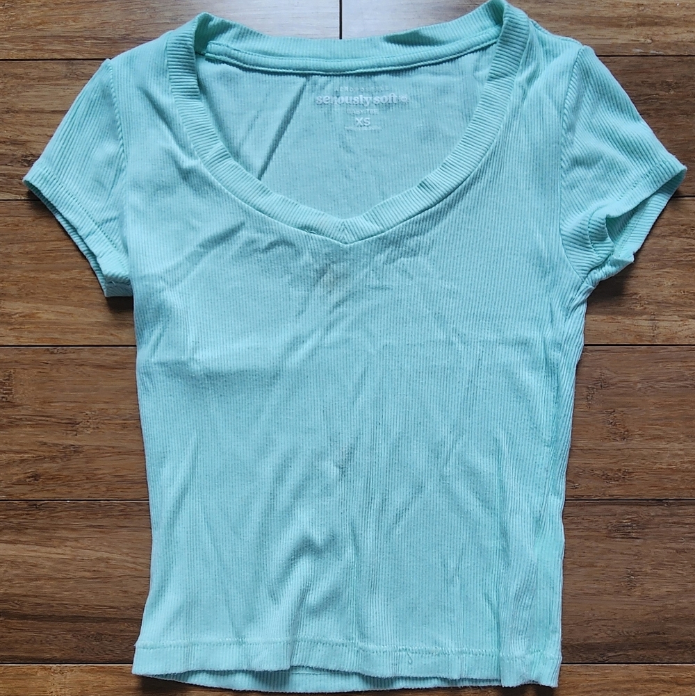 Aeropostale Light Aqua Ribbed V-Neck Short Sleeve Tee